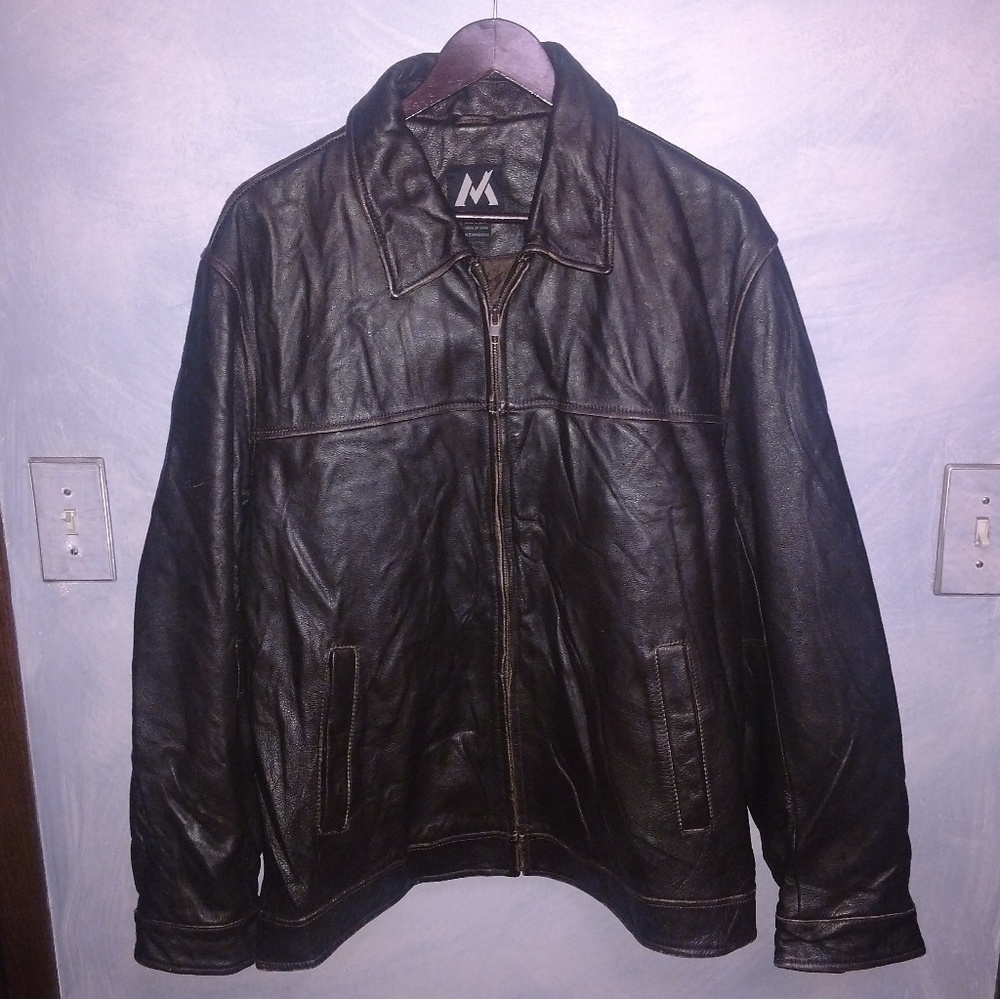 Distressed leather biker jacket, brand unknown.